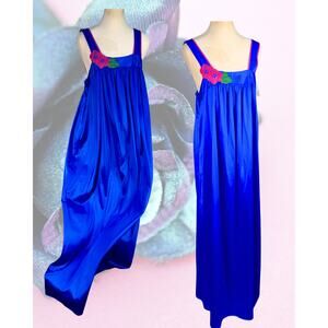 Vintage 80s Val Mode Boho Royal Blue Pink Hibiscus Silky Maxi Nightgown Size L